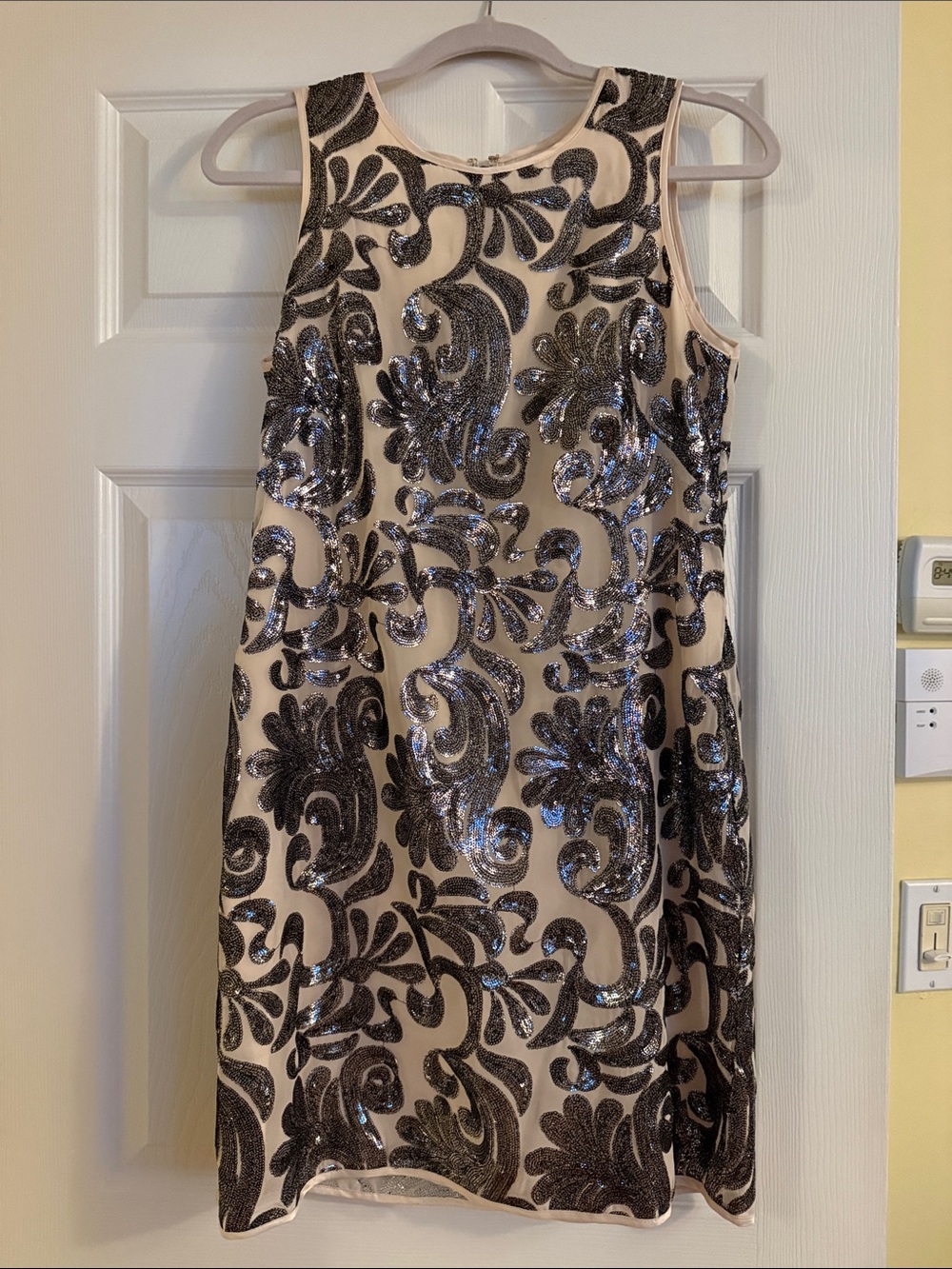Vince Camuto Nude Dress with Black Sequin Floral Motif